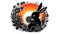 A stylized illustration features a black silhouette of a rabbit sitt Royalty Free Stock Photo