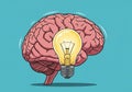 A stylized illustration features a human brain, depicted in shades of pink, with a light bulb in Royalty Free Stock Photo