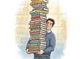 A stylized illustration features a man holding an impossibly tall stack of colorful book Royalty Free Stock Photo