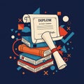 A stylized illustration features a rolled diploma and an open certificate with decorati Royalty Free Stock Photo