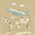 A stylized illustration featuring an airplane flying above a world map. The map Royalty Free Stock Photo