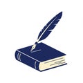 A stylized illustration featuring a closed, dark blue book with a light-colored quill pen Royalty Free Stock Photo