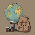 A stylized illustration featuring a globe, a vintage camera, and a Royalty Free Stock Photo