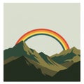 Stylized illustration featuring a multicolored rainbow arching over a range of angular, green, and brown mountains.