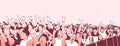 Illustration of large crowd of people cheering at concert with raised hands