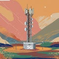 A stylized illustration of a 5G tower with multiple antennas and satellite dishes. The Royalty Free Stock Photo