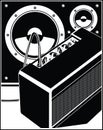 Stylized illustration of guitar amplifier and speakers