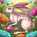 A stylized illustration of a hare with intricate swirling patterns on its fur, set in a vibrant Royalty Free Stock Photo