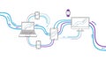 A stylized illustration of interconnected devices displaying graphs and charts with colorful lines Royalty Free Stock Photo