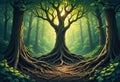 Roots reaching for each other in a deep green forest, illuminated by dappled sunlight. Royalty Free Stock Photo