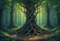 Roots reaching for each other in a deep green forest, illuminated by dappled sunlight. Royalty Free Stock Photo