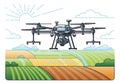A stylized illustration of a large, multi-rotor drone equipped with a Royalty Free Stock Photo