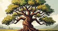A stylized illustration of a large tree dominating the scene. The tree features a thick, Royalty Free Stock Photo