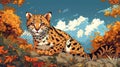 Adorable Ocelot Kitten Resting on Rocks Amidst Autumn Foliage Royalty Free Stock Photo