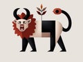 Stylized illustration of a lion-like creature with horns and a bird on its tail. Royalty Free Stock Photo