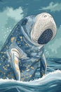 Majestic Manatee Emerging from Ocean Depths, a Stunning Illustration Royalty Free Stock Photo