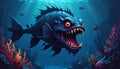 stylized illustration of a menacing deep-sea fish with sharp teeth and glowing eyes in its underwater habitat Royalty Free Stock Photo