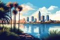 stylized illustration of a modern city skyline with reflective waters and palm trees Royalty Free Stock Photo