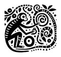 Stylized Monkey Illustration with Decorative Elements in Black and White Royalty Free Stock Photo