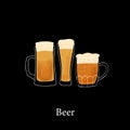 Stylized illustration mugs of beer on black background