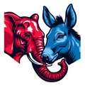 Stylized illustration of a red elephant and a blue donkey facing each other Royalty Free Stock Photo