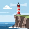 A stylized illustration of a red and white striped lighthouse located on a cliff by the Royalty Free Stock Photo