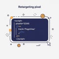 Displays HTML like syntax with elements such as script pixelId 12345 and Royalty Free Stock Photo