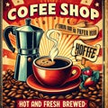 Stylization of retro poster for coffee shop on old paper texture. Royalty Free Stock Photo