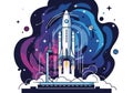 Stylized illustration of a rocket launch in a vibrant cosmic setting. A rocket, with a sleek white Royalty Free Stock Photo