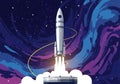 A stylized illustration of a rocket launching into space, surrounded by vibrant, swirling abstract Royalty Free Stock Photo