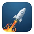 A stylized illustration of a rocket ship launching, set against a deep blue background. Royalty Free Stock Photo