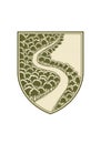 A stylized illustration of a shield featuring a winding road flanked by dense forest with Royalty Free Stock Photo