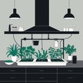 Stylized Illustration of Hydroponic Farming in a Minimalist Urban Kitchen