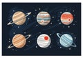 Stylized illustration of six planets on a dark blue background, Royalty Free Stock Photo