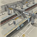 A stylized illustration of a subway station with various platforms and tracks. Features Royalty Free Stock Photo