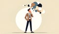 Stylized illustration of a thoughtful man in a suit with abstract speech bubbles above his head. Royalty Free Stock Photo
