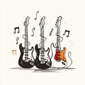 Hand Drawn Electric Guitars Sketch with Music Notes Royalty Free Stock Photo