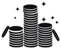 Stylized illustration of three stacks of coins with sparkling stars, representing wealth and success Royalty Free Stock Photo