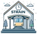 Stylized illustration of train station with modern train, clouds, and pine trees Royalty Free Stock Photo