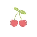 Stylized illustration of two red cherries with green stems and leaves Royalty Free Stock Photo