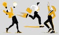 Stylized illustration in uniform style of three different characters - women with ideas and running man with briefcase Royalty Free Stock Photo