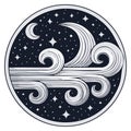 Stylized Illustration of Wind, Stars, and Moon in a Circular Design Royalty Free Stock Photo