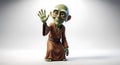 stylized illustration of a wise green creature in a brown robe waving hello on white AI Generated Royalty Free Stock Photo