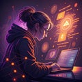 Tech-Savvy Woman Coding â Modern Illustration with Glowing Code and Icons Royalty Free Stock Photo
