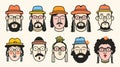 A collection of stylized, illustrated faces with hats, glasses, and beards. The characters have a retro or hipster vibe. Royalty Free Stock Photo