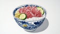 The stylized image of a bowl filled with seared tuna, vegetables, and garnishes showcases a painterly style with Royalty Free Stock Photo