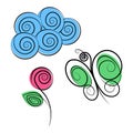 Stylized image of a butterfly, rose flower and cloud with spots in trendy marker colors. Springtime