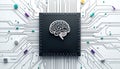 Stylized image of computer chip with brain graphic. Abstract AI concept, digital network lines spread across white background. Royalty Free Stock Photo
