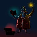 Stylized image of a fat black wizard conjuring with a magic stick while opening a magic book