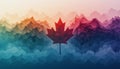 A stylized image features a central red maple leaf set against a backdrop of